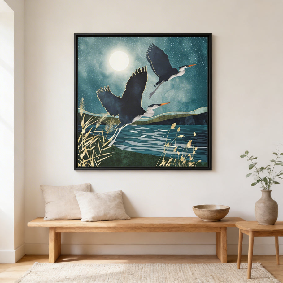 Evening Heron - Matte Canvas, Framed (Multi-color)