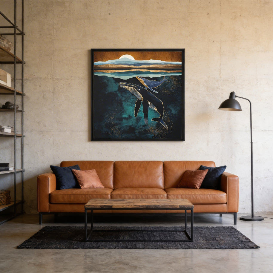 Moonlit Whales - Matte Canvas, Framed (Multi-color)