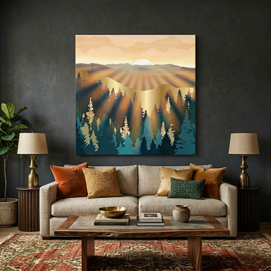 Blue Forest Sunrise Matte Canvas, Stretched, No Frame