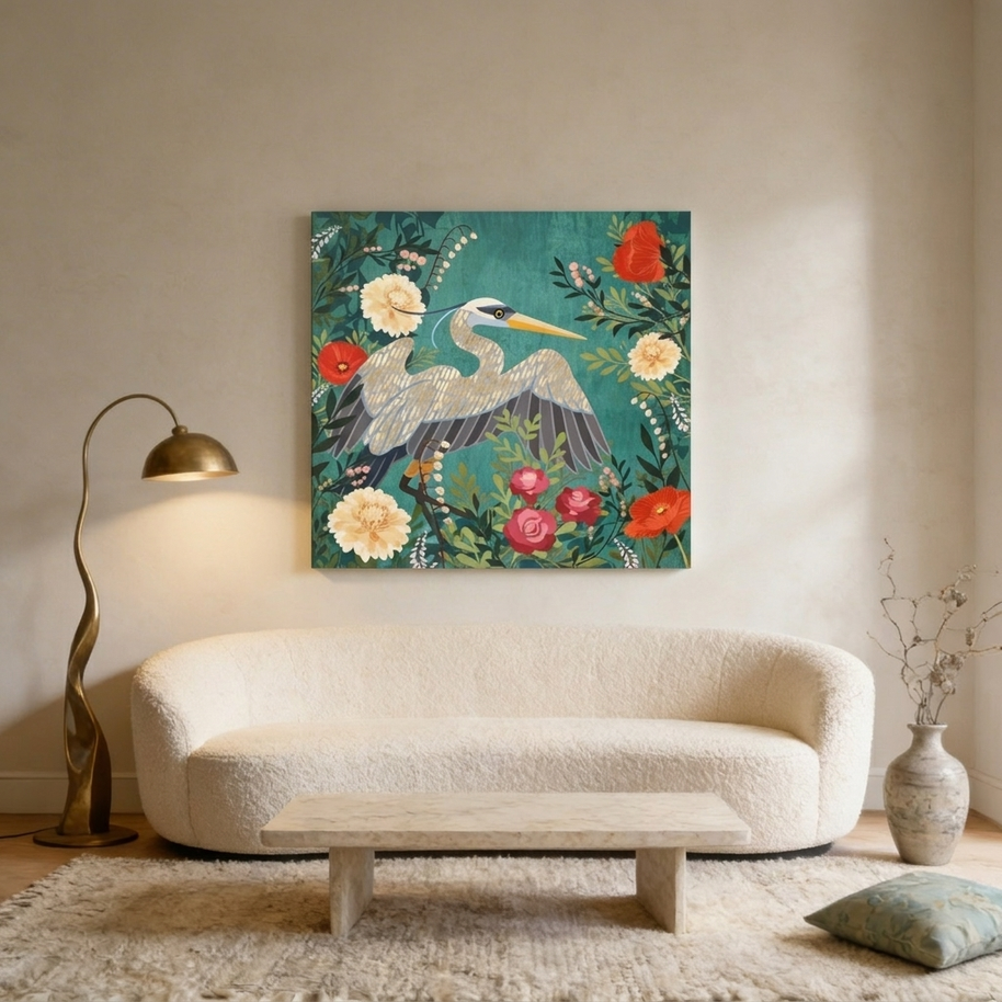 Bohemian Floral Heron Matte Canvas, Stretched, No Frame