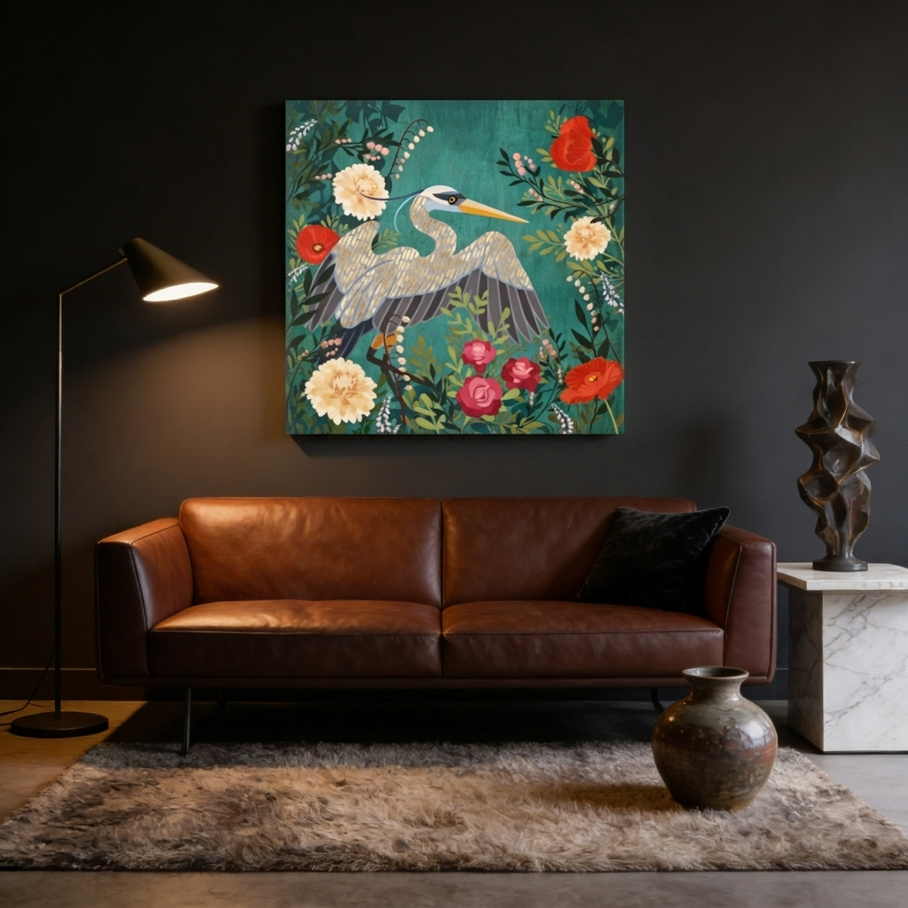 Bohemian Floral Heron Matte Canvas, Stretched, No Frame