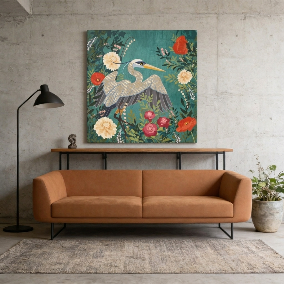 Bohemian Floral Heron Matte Canvas, Stretched, No Frame