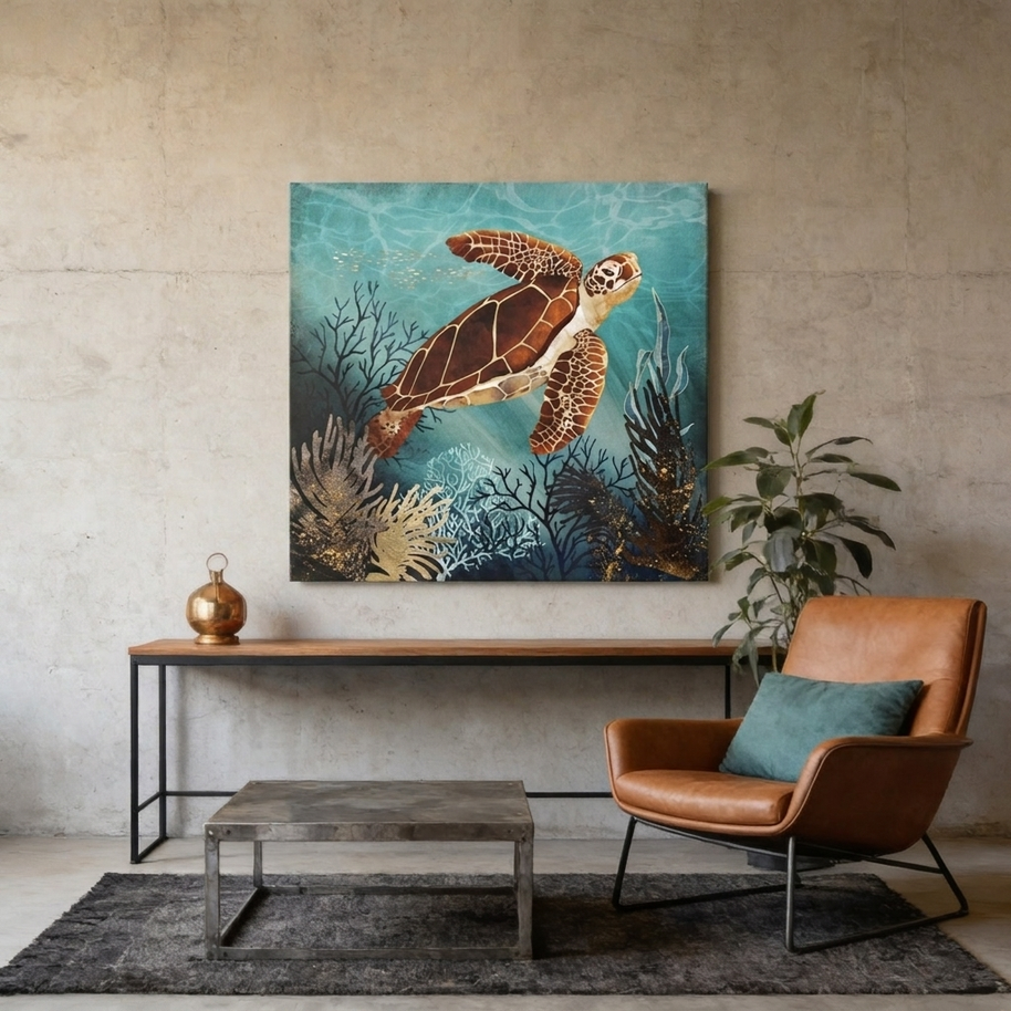 Metallic Sea Turtle Matte Canvas, Stretched, No Frame