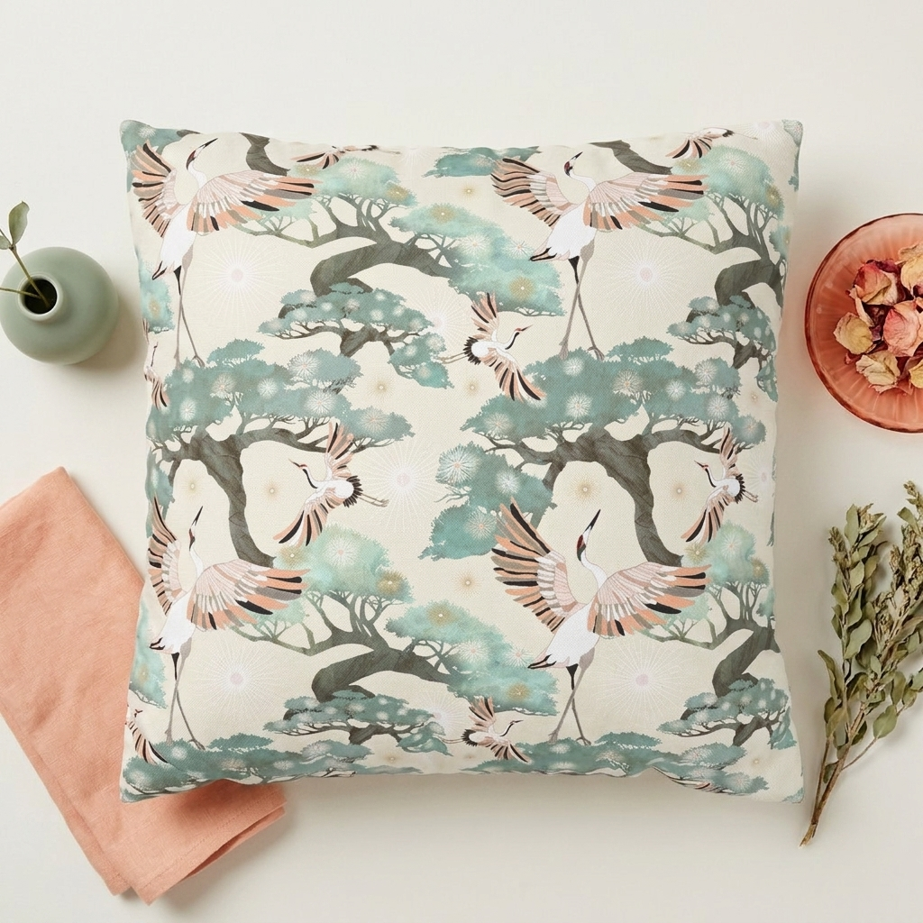 Cream Crane and Bonsai - Decorative Pillow Cover