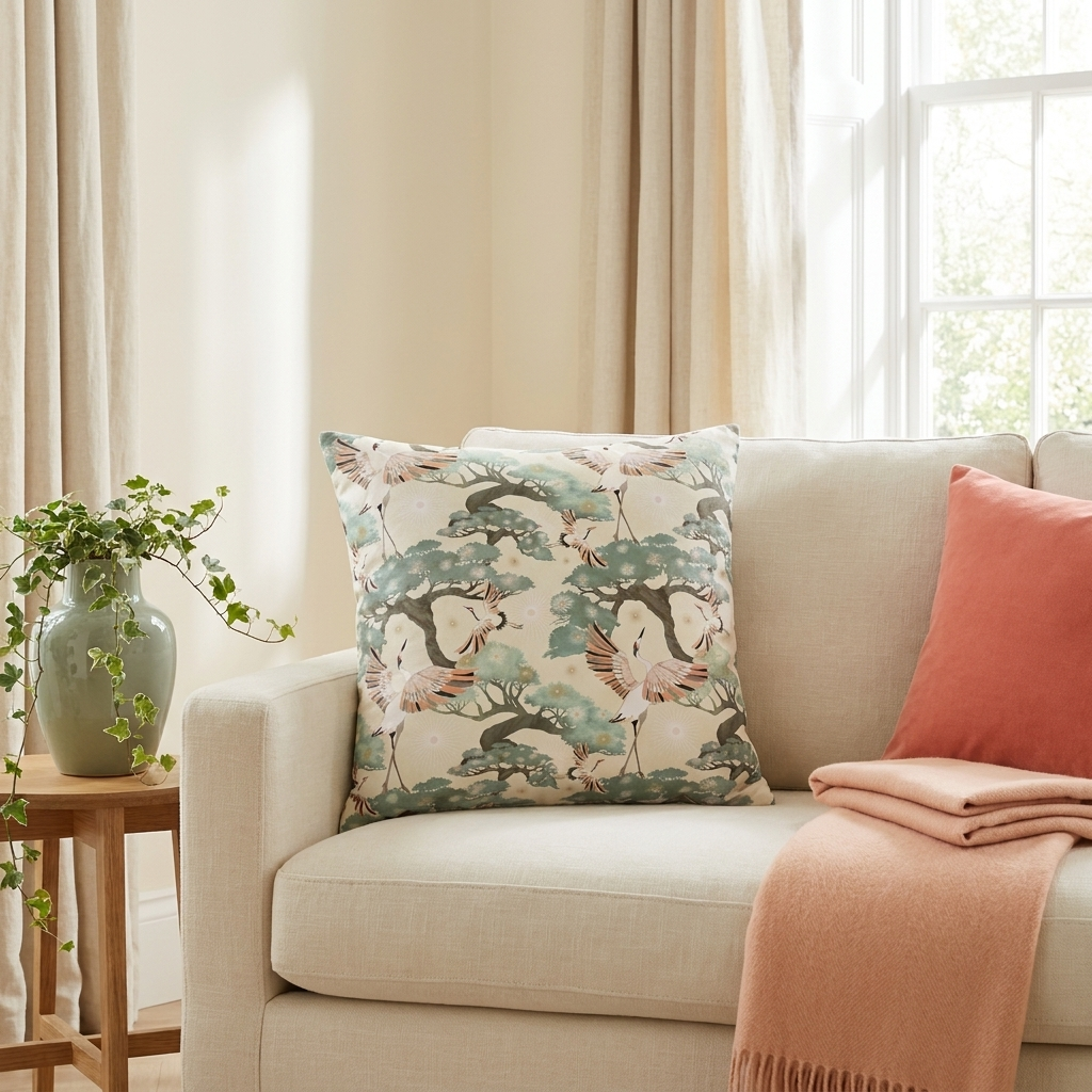 Cream Crane and Bonsai - Decorative Pillow Cover