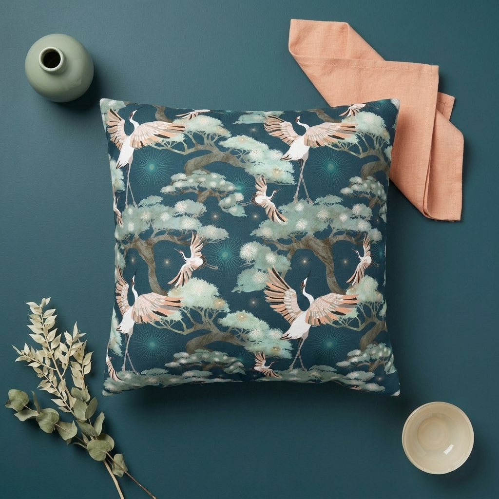Dark Blue Crane and Bonsai  - Decorative Pillow Cover