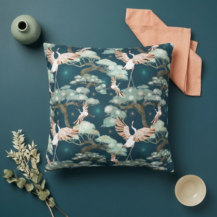 Dark Blue Crane and Bonsai  - Decorative Pillow Cover
