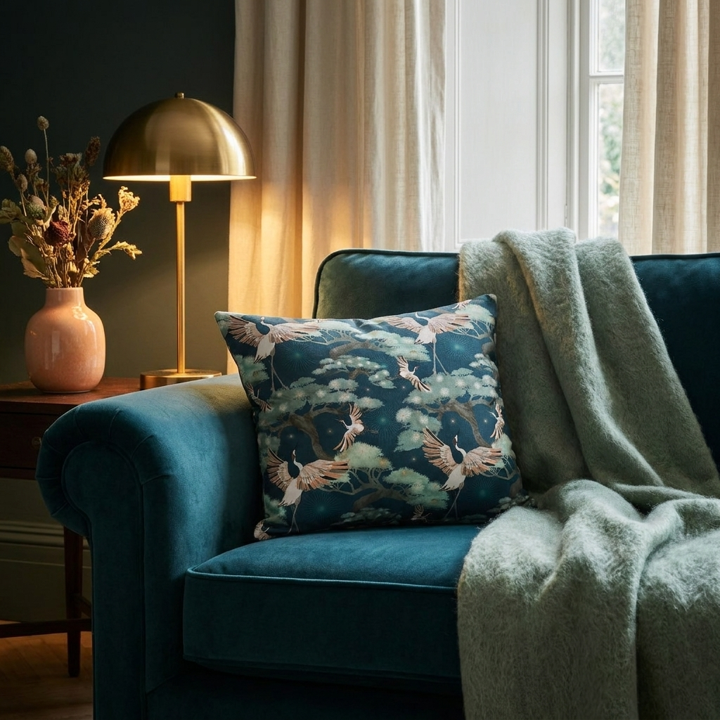 Dark Blue Crane and Bonsai  - Decorative Pillow Cover