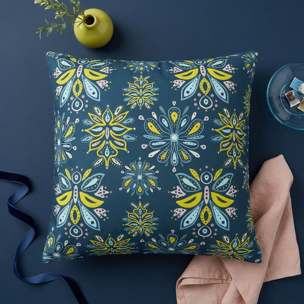 Hand Drawn Organic Pattern Yellow Blue Pink and Navy  - Decorative Pillow Cover