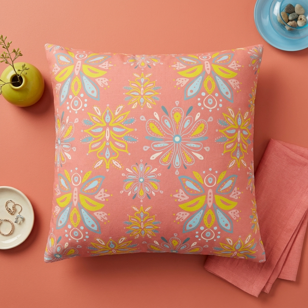 Hand Drawn Organic Pattern Yellow Blue and Pink - Decorative Pillow Cover