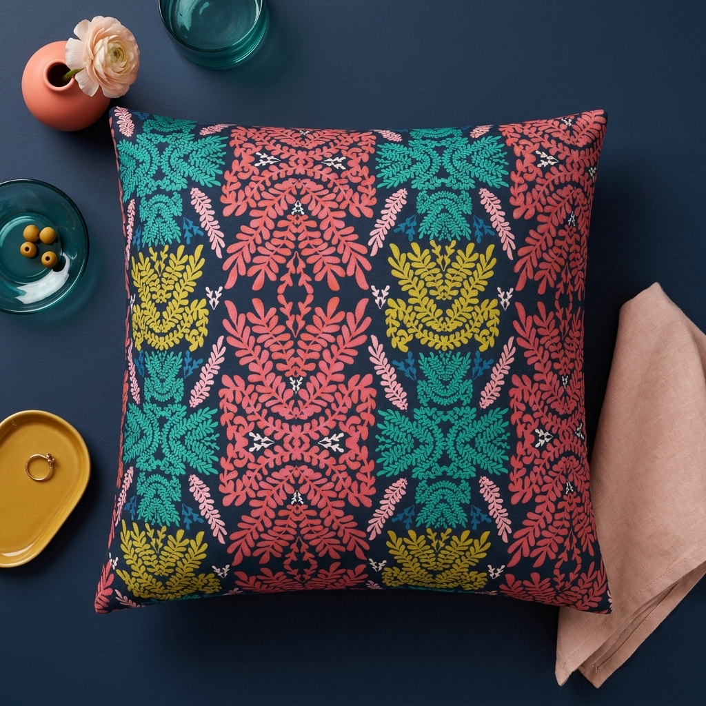 Pink Teal Blue and Mustard Botanical - Decorative Pillow Cover