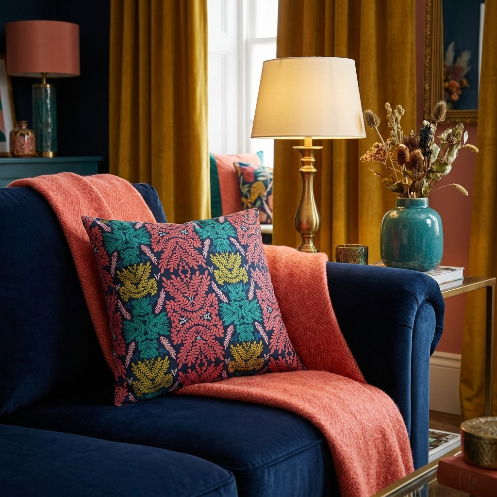 Pink Teal Blue and Mustard Botanical - Decorative Pillow Cover