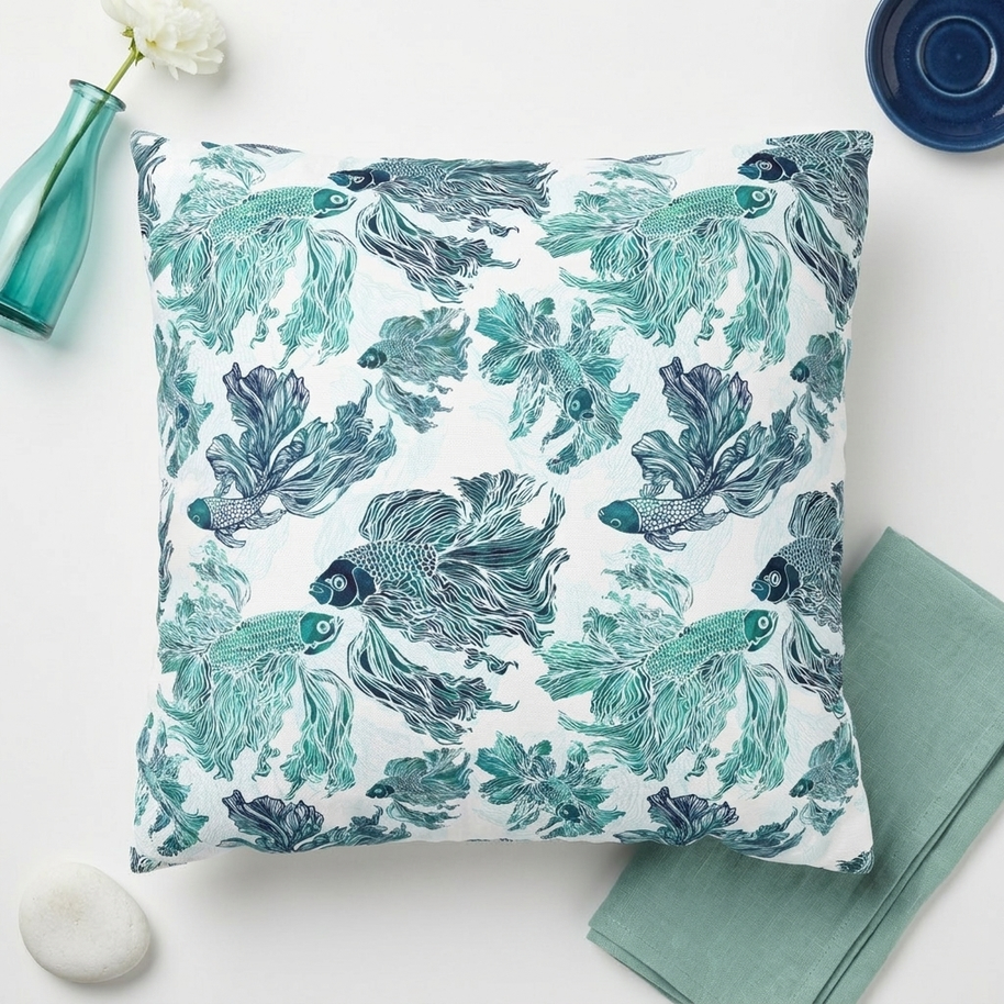 Betta Fish Pattern-Blue Teal and Green - Decorative Pillow Cover