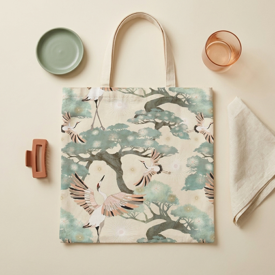 Crane and Bonsai with Cream - Tote Bag