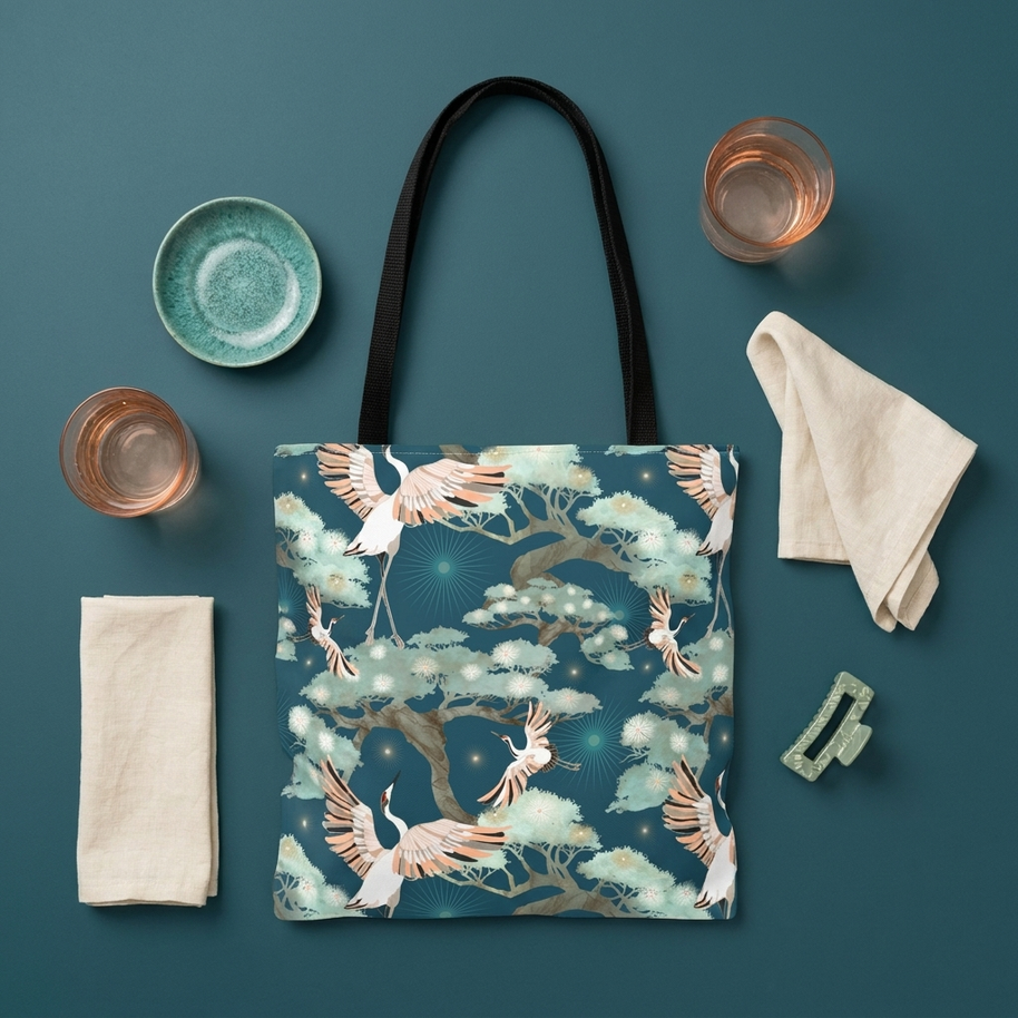 Crane and Bonsai with Teal - Tote Bag