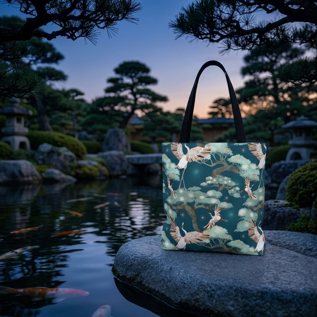 Crane and Bonsai with Teal - Tote Bag