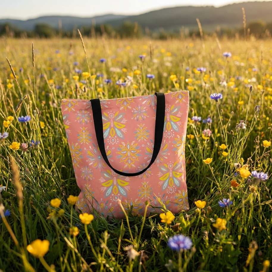 Hand Drawn Organic Pattern Yellow Blue and Pink - Tote Bag