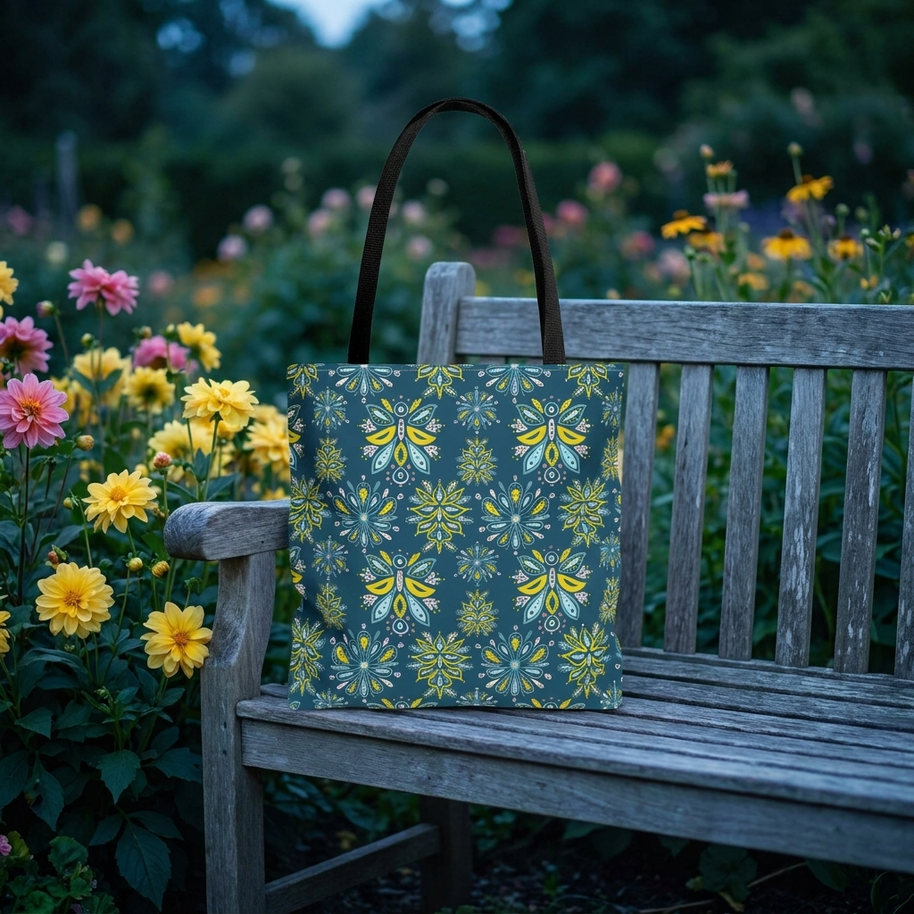 Hand Drawn Organic Pattern Yellow Blue Pink and Navy - Tote Bag