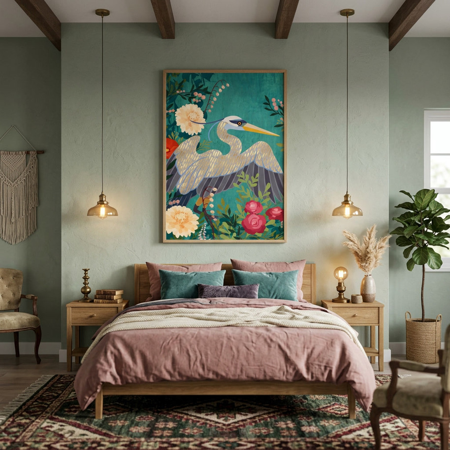Bohemian Floral Heron - Poster Print - No Frame