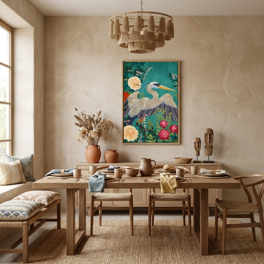 Bohemian Floral Heron - Poster Print - No Frame