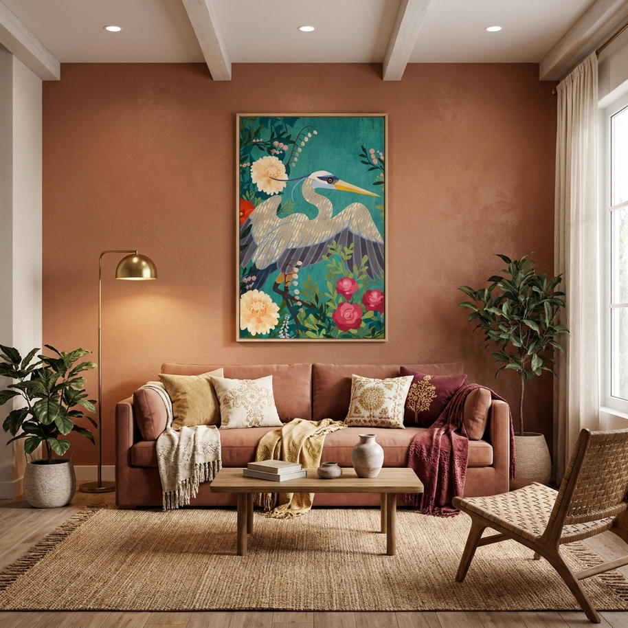 Bohemian Floral Heron - Poster Print - No Frame