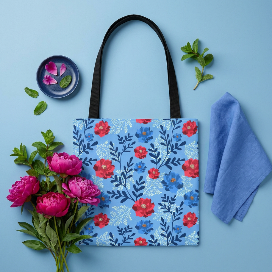 Botanical Floral Blue and Fuchsia - Tote Bag