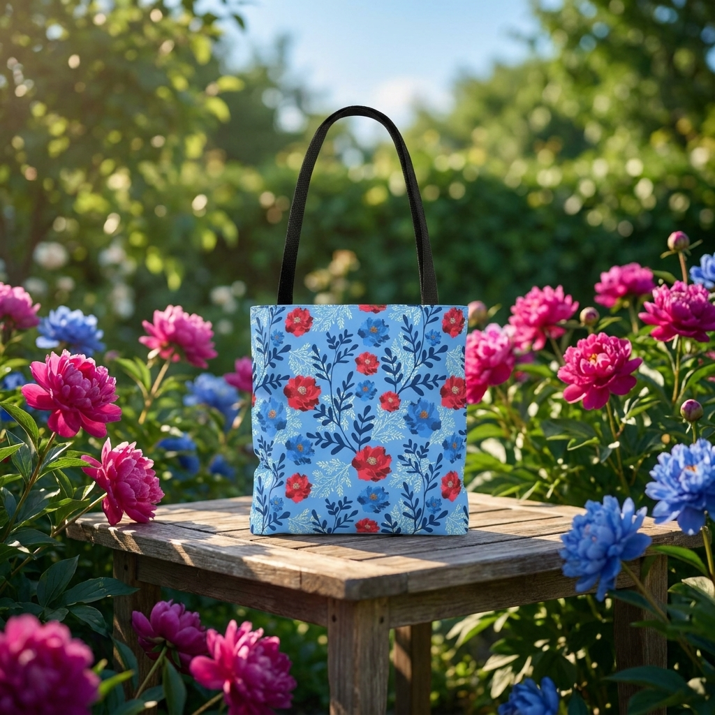 Botanical Floral Blue and Fuchsia - Tote Bag