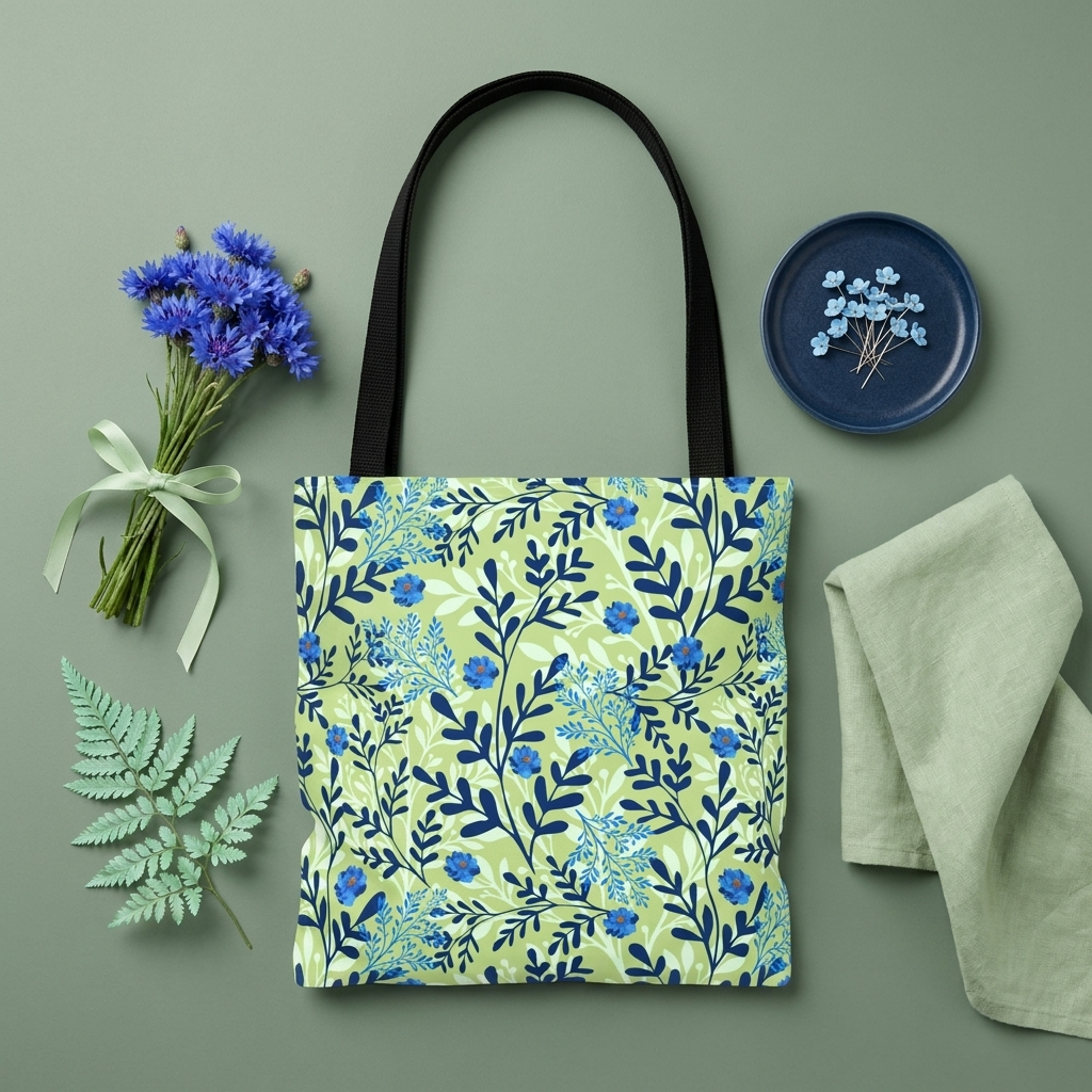 Botanical Floral Blue and Green - Tote Bag