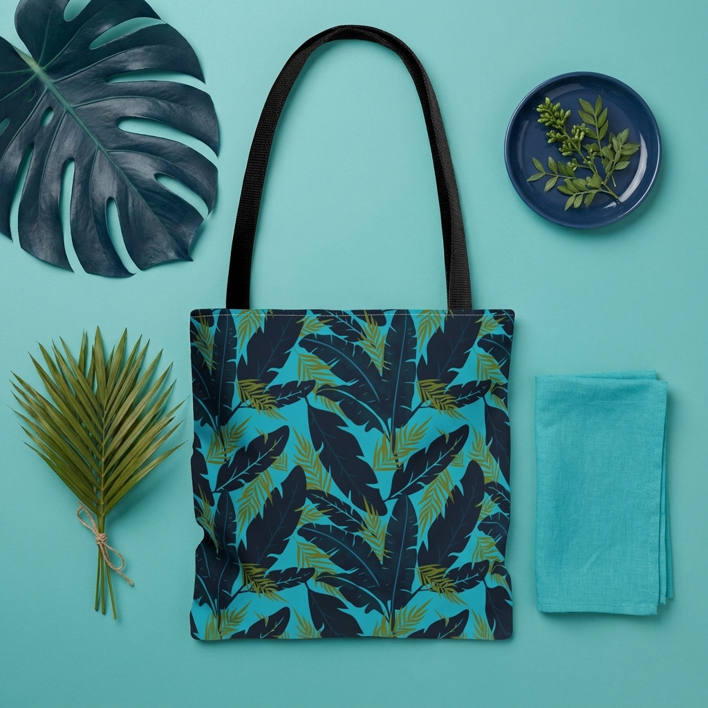 Botanical Navy Blue and Green Tropical Motif - Tote Bag