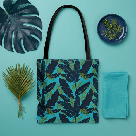 Botanical Navy Blue and Green Tropical Motif - Tote Bag