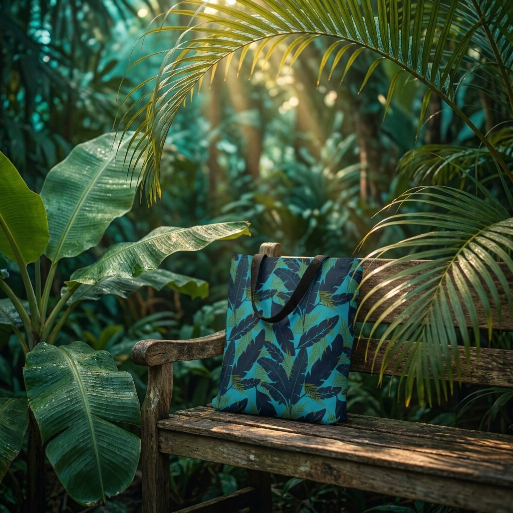 Botanical Navy Blue and Green Tropical Motif - Tote Bag