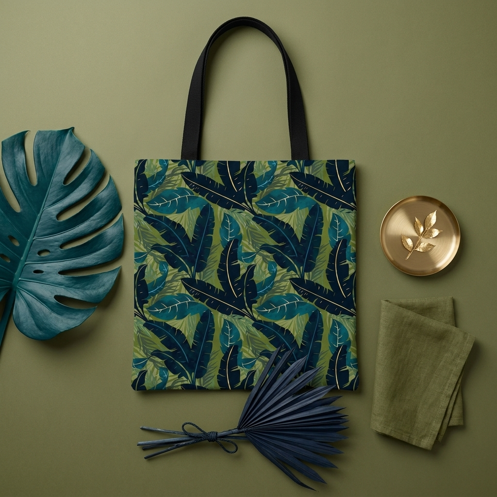 Botanical Navy Teal and Green Tropical Motif - Tote Bag