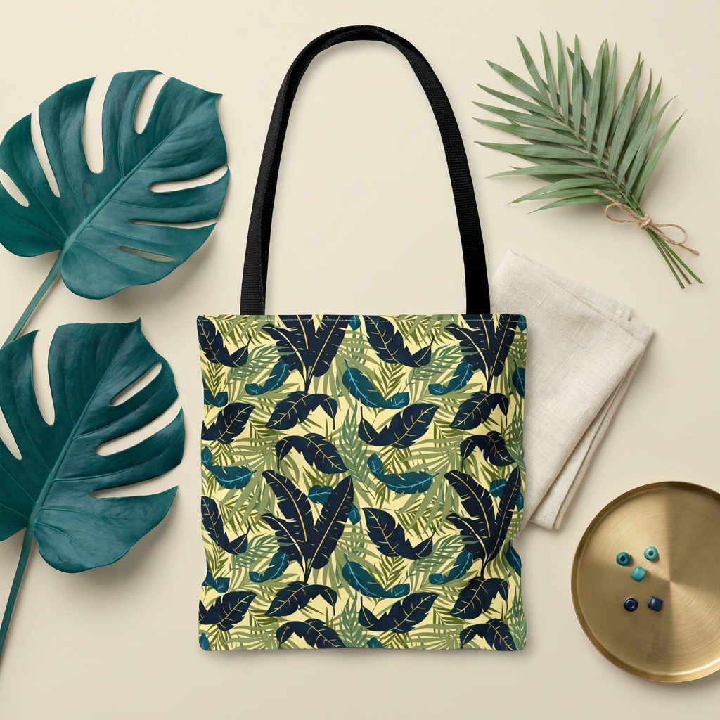 Botanical Navy Teal Green and Cream Tropical Motif - Tote Bag