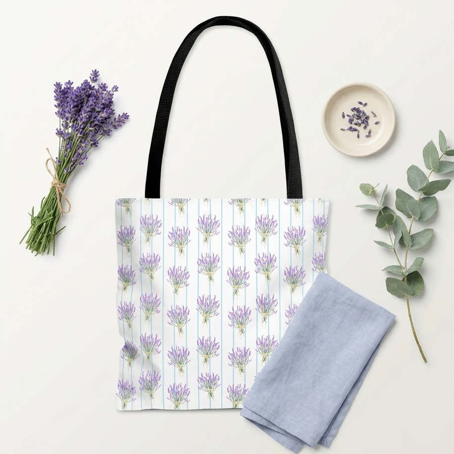 Lavender Bouquet with Light Blue Stripes - Tote Bag