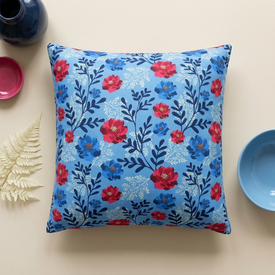 Botanical Floral Blue and Fuchsia - Decorative Pillow Cover