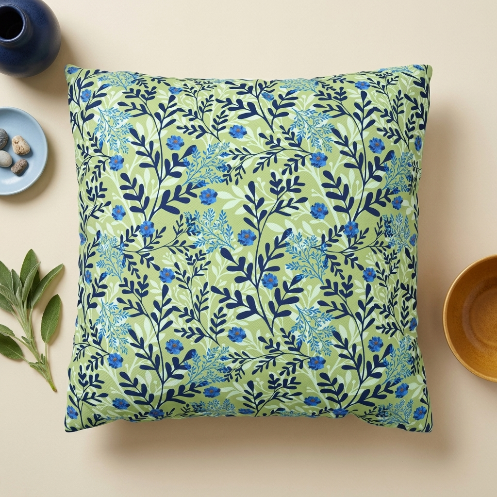 Botanical Floral Blue and Green - Decorative Pillow Cover