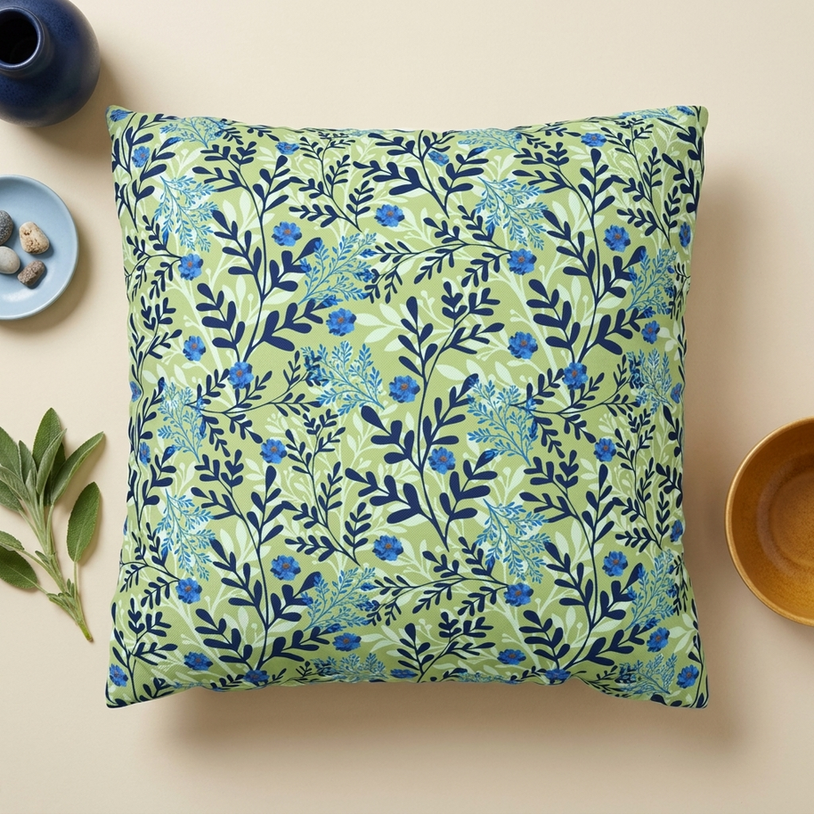Botanical Floral Blue and Green - Decorative Pillow Cover