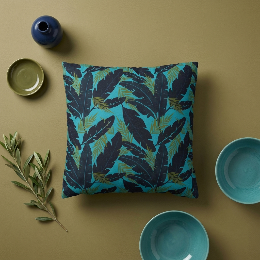 Botanical Navy Blue and Green Tropical Motif - Decorative Pillow Cover