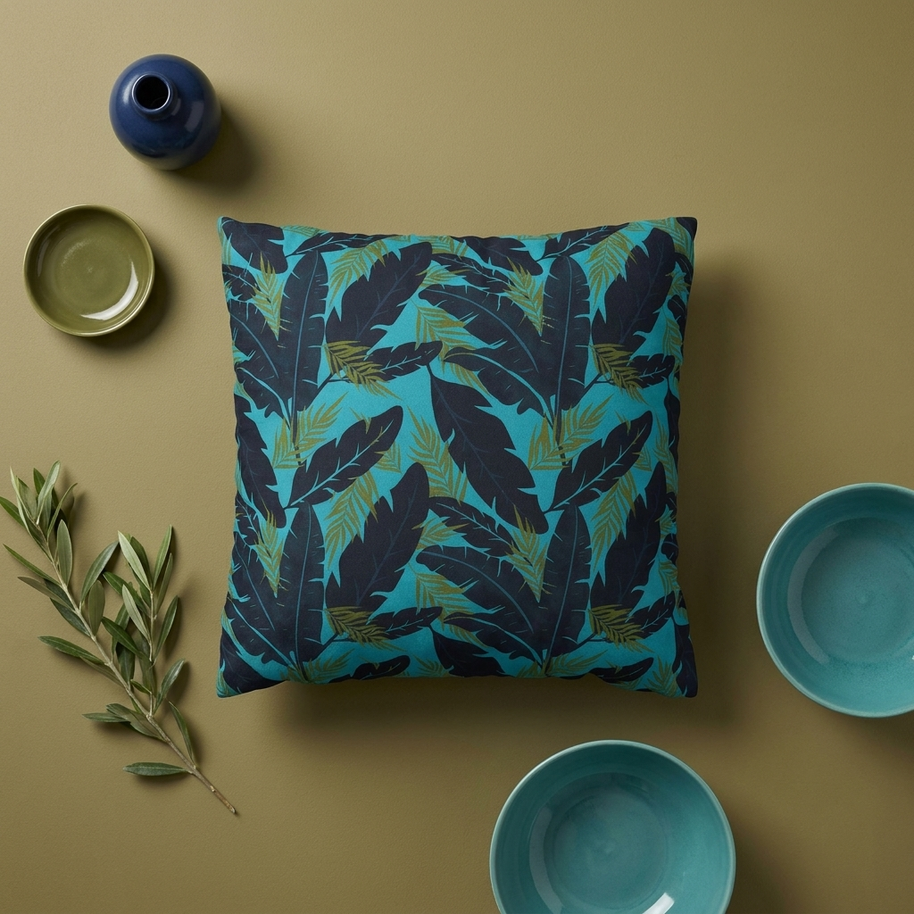 Botanical Navy Blue and Green Tropical Motif - Decorative Pillow Cover