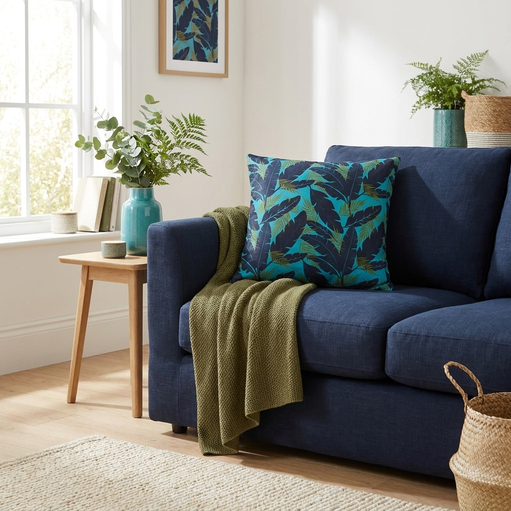 Botanical Navy Blue and Green Tropical Motif - Decorative Pillow Cover