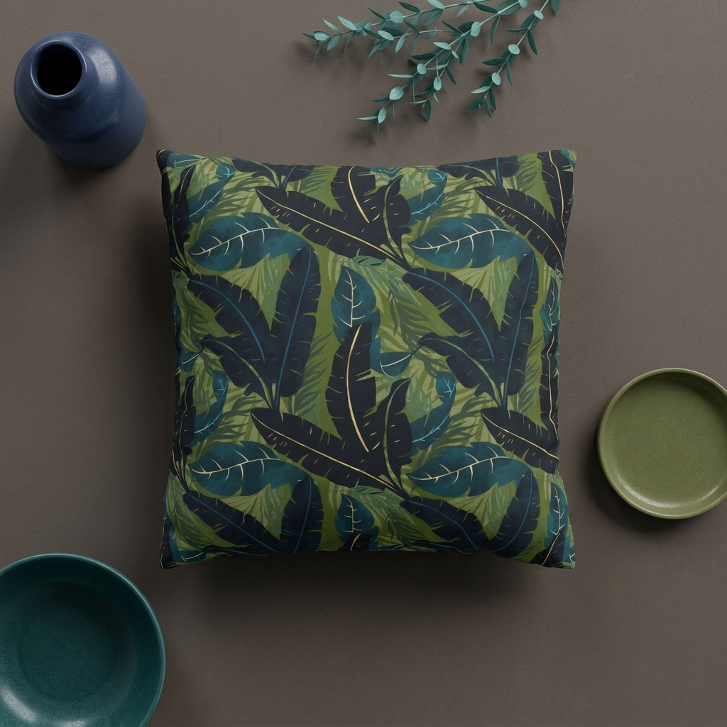 Botanical Navy Teal and Green Tropical Motif - Decorative Pillow Cover