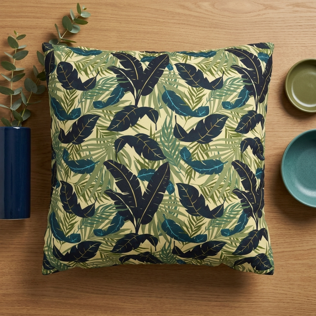 Botanical Navy Teal Green and Cream Tropical Motif - Decorative Pillow Cover