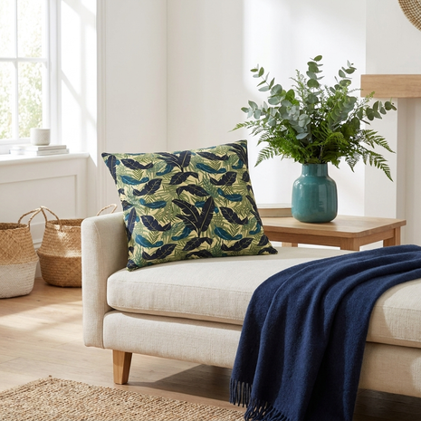 Botanical Navy Teal Green and Cream Tropical Motif - Decorative Pillow Cover