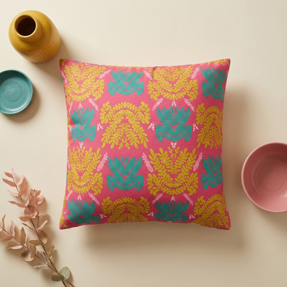 Color Pop Botanical with Mustard Teal and Pink - Decorative Pillow Cover