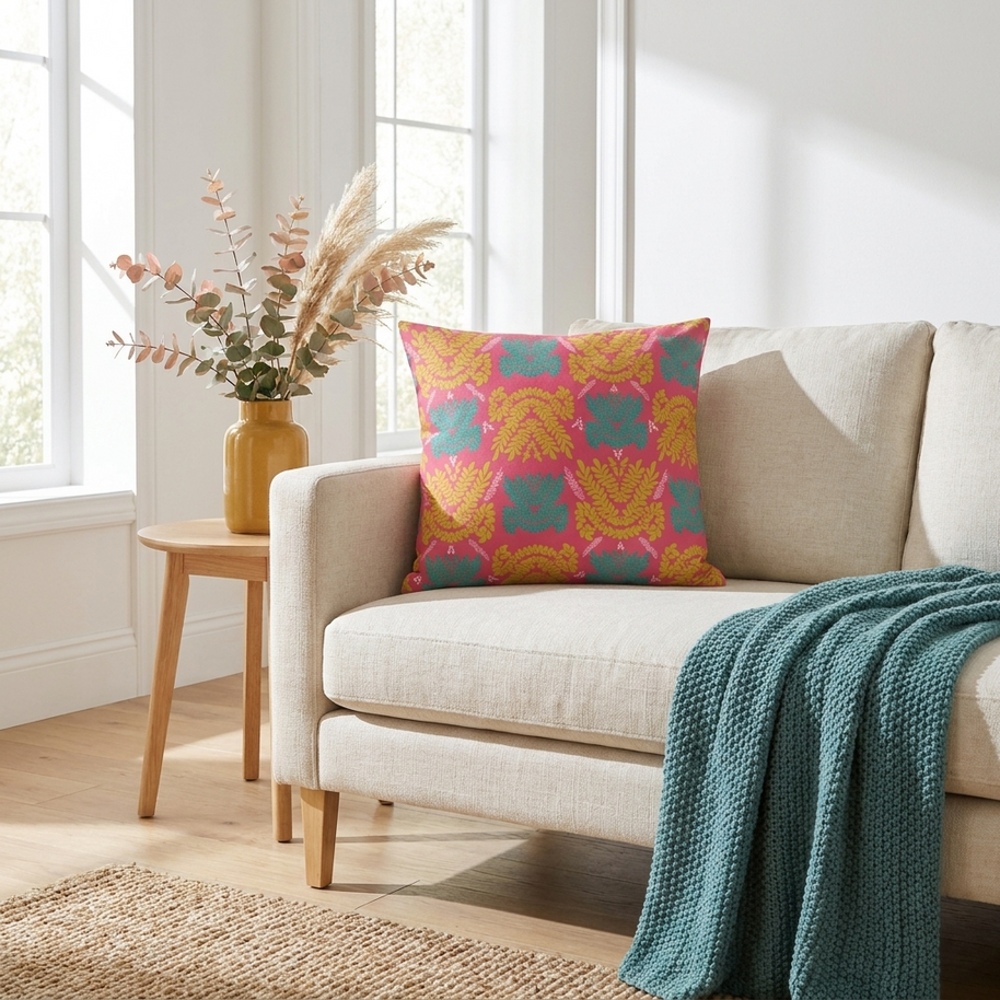 Color Pop Botanical with Mustard Teal and Pink - Decorative Pillow Cover