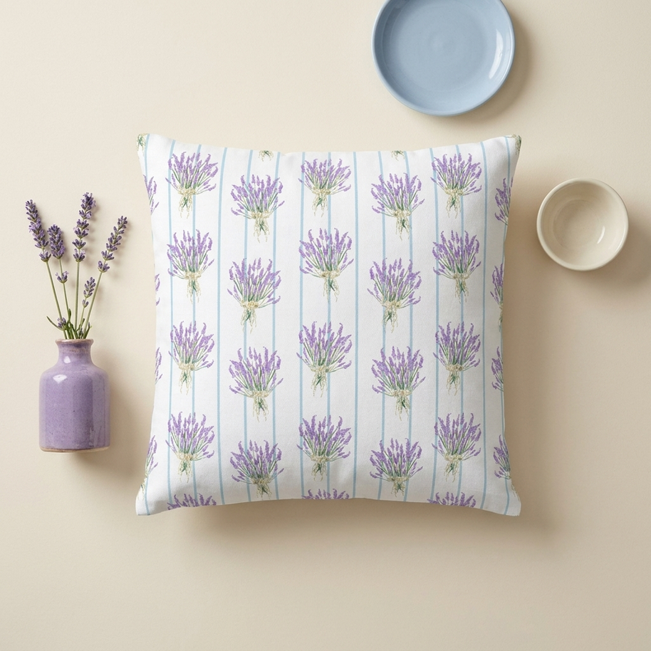 Lavender Bouquet with Light Blue Stripes - Decorative Pillow Cover