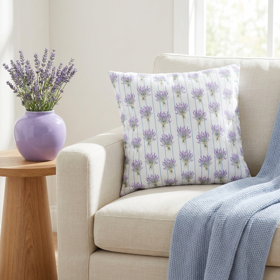 Lavender Bouquet with Light Blue Stripes - Decorative Pillow Cover
