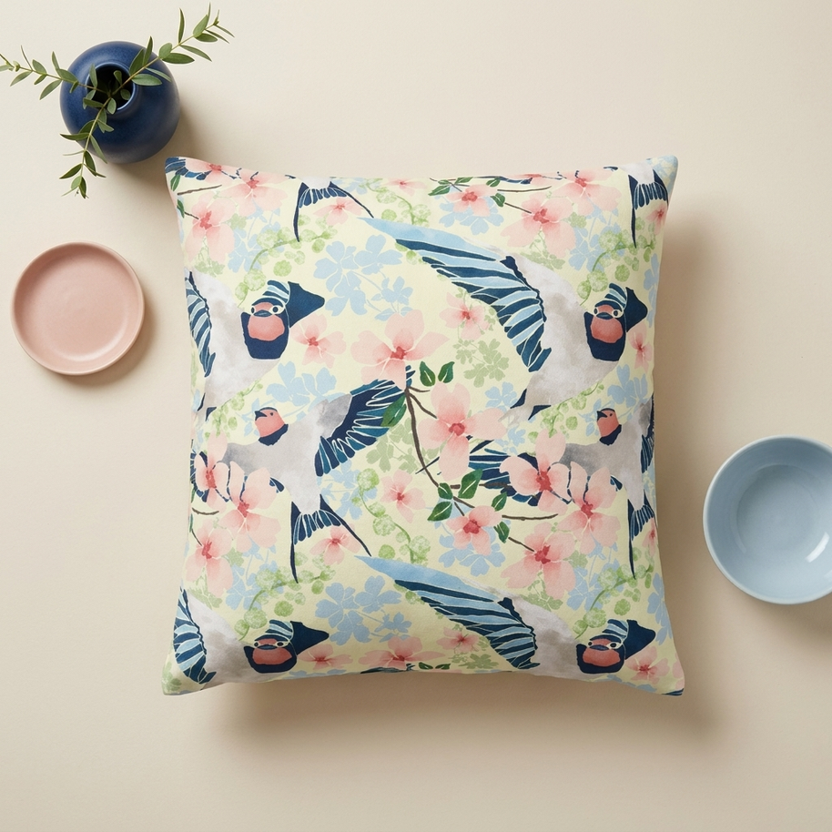 Swallows and Blossoms with Yellow - Decorative Pillow Cover