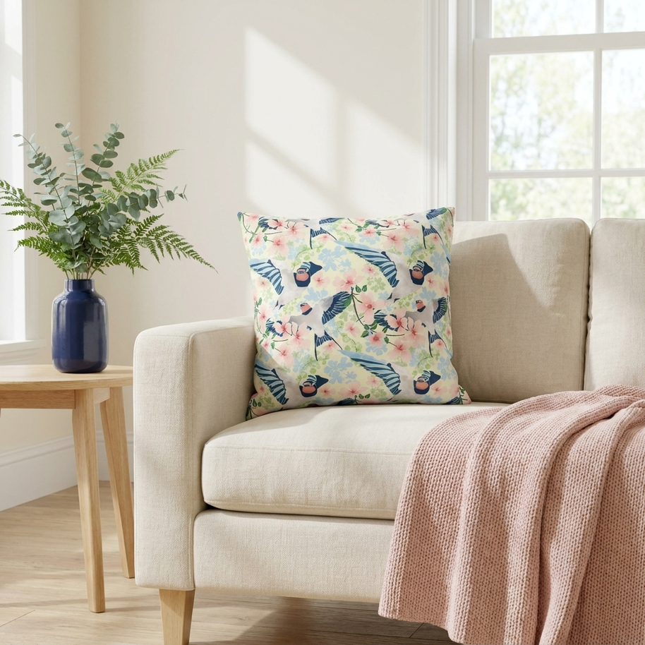Swallows and Blossoms with Yellow - Decorative Pillow Cover
