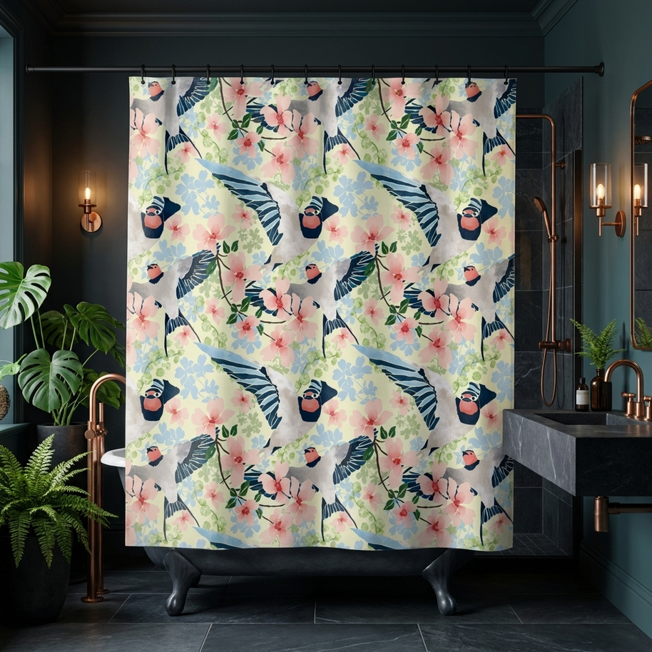 Swallows and Blossoms with Yellow - Shower Curtain